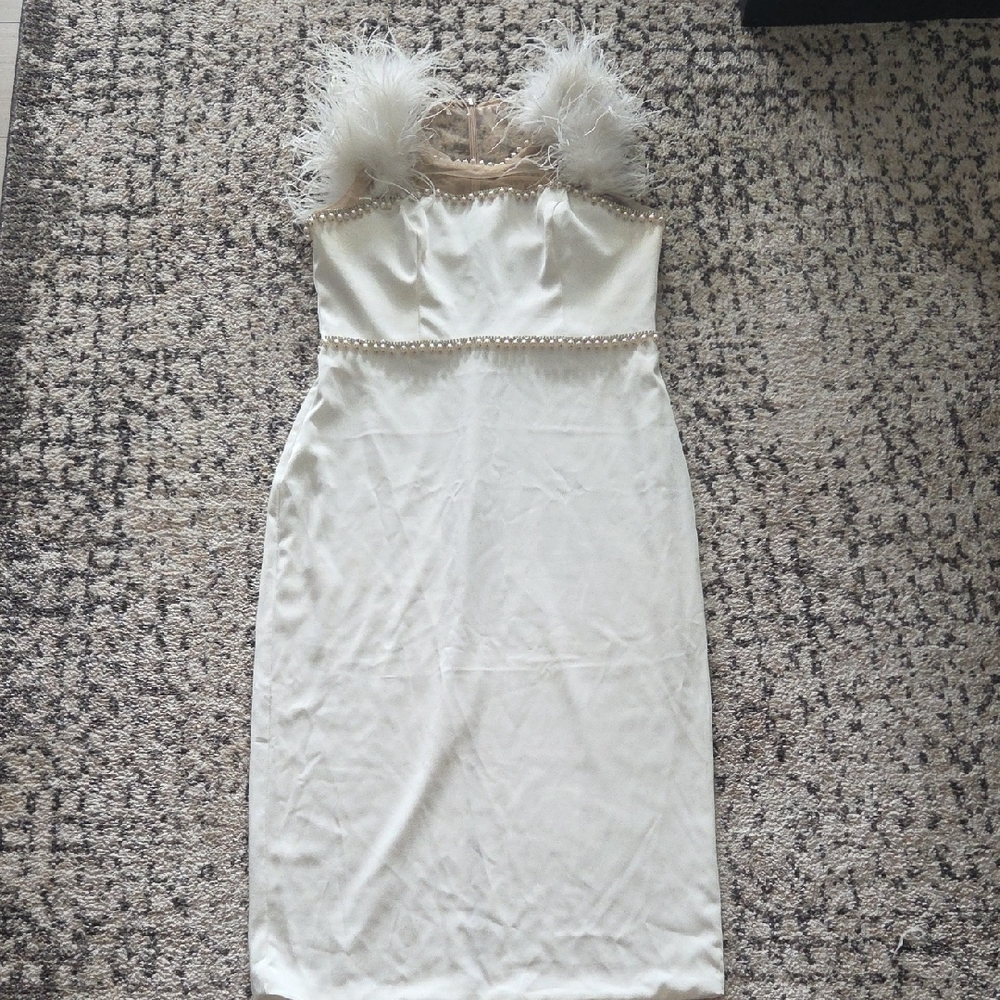 Mac Duggal Ivory Midi Dress with Feather Straps and Pearl Trim